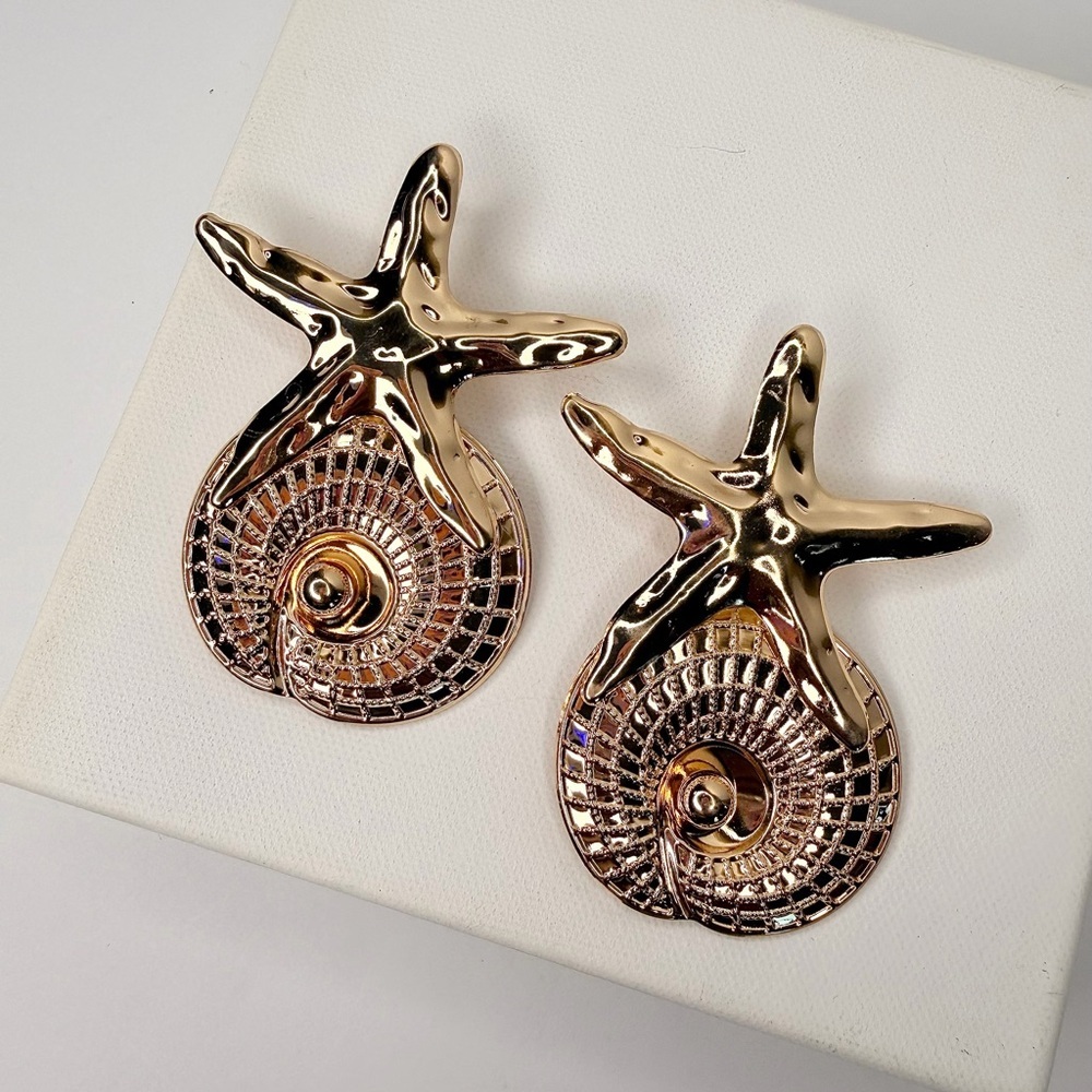 Gold Starfish Shell Statement Earrings